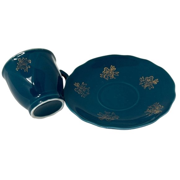 Miniature China Tea Cup and Saucer in Deep Teal with a Gold Floral Design - Picture 2 of 5